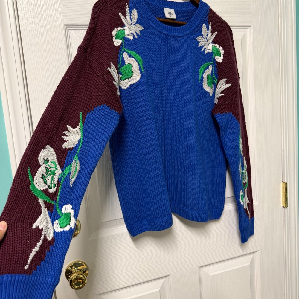 Cabi Sweater Women M Vineyard Floral Embroidered Colorblock Crew Neck Knit 4859 - Picture 6 of 13